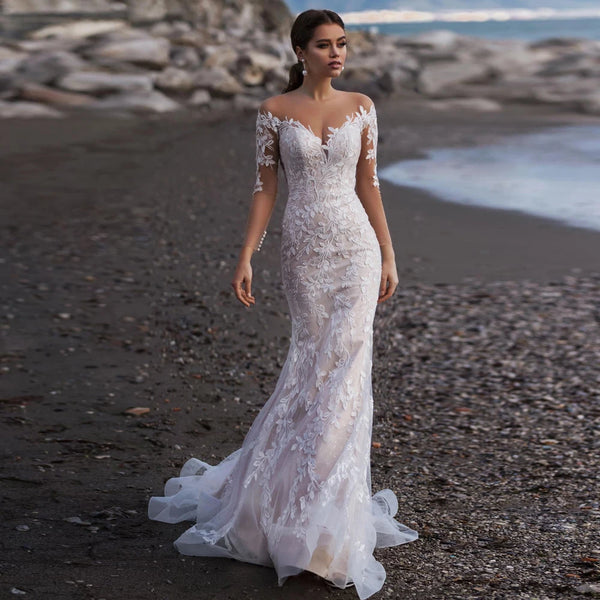 Sexy Scoop Long Sleeves Mermaid Wedding Dresses Bridal Gown